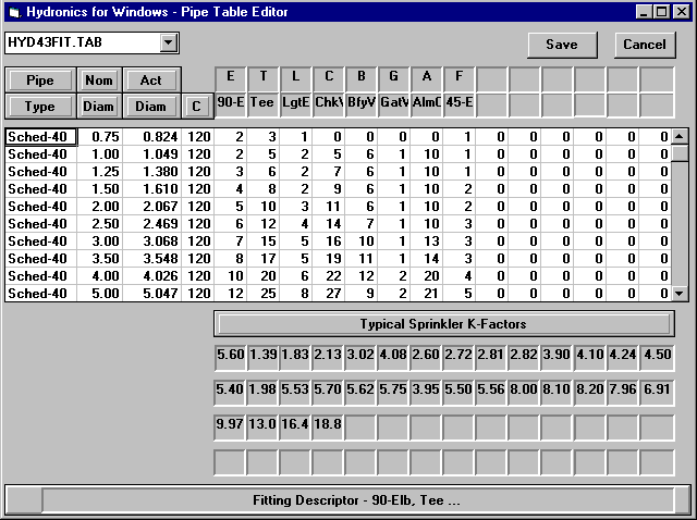 Commercial 5.6 for Windows - Pipe Table Editor